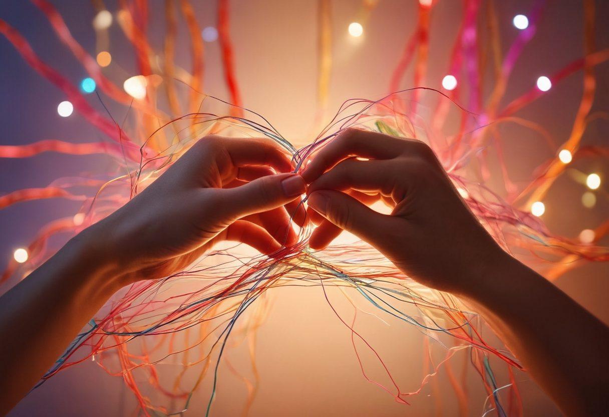 A warm, intimate scene showcasing two hands delicately weaving colorful threads together, symbolizing emotional bonds in relationships. Surrounding them are soft, glowing lights representing love and connection, with a subtle background of abstract shapes that evoke modernity. Infuse the image with a sense of harmony and unity, using rich, inviting colors. super-realistic. vibrant colors. soft focus.