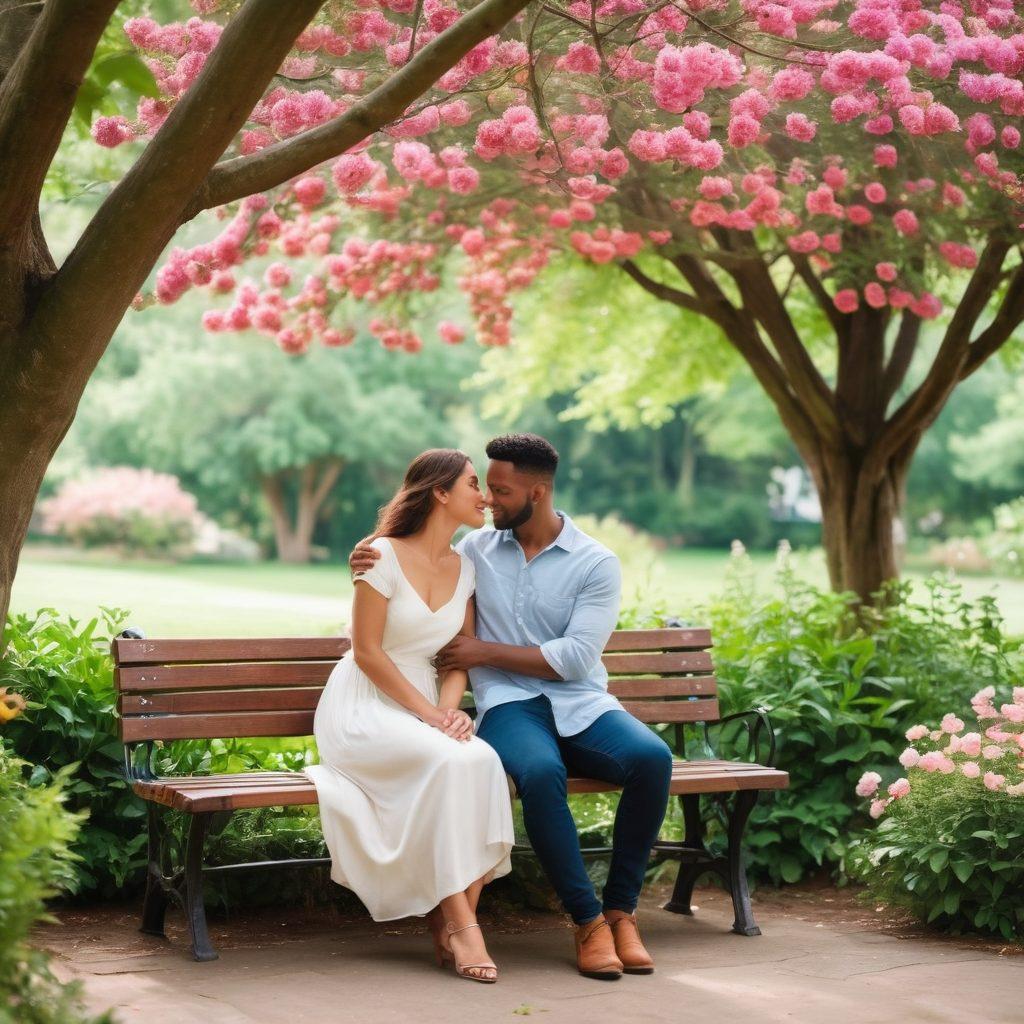 A beautifully intertwined couple sitting on a park bench, surrounded by lush greenery and blooming flowers, with light filtering through the trees, symbolizing intimacy and support. In the background, a diverse group of friends enjoying a picnic, illustrating the essence of community. Warm, soft colors encapsulate the scene, creating a romantic and inviting atmosphere. super-realistic. vibrant colors. soft focus.