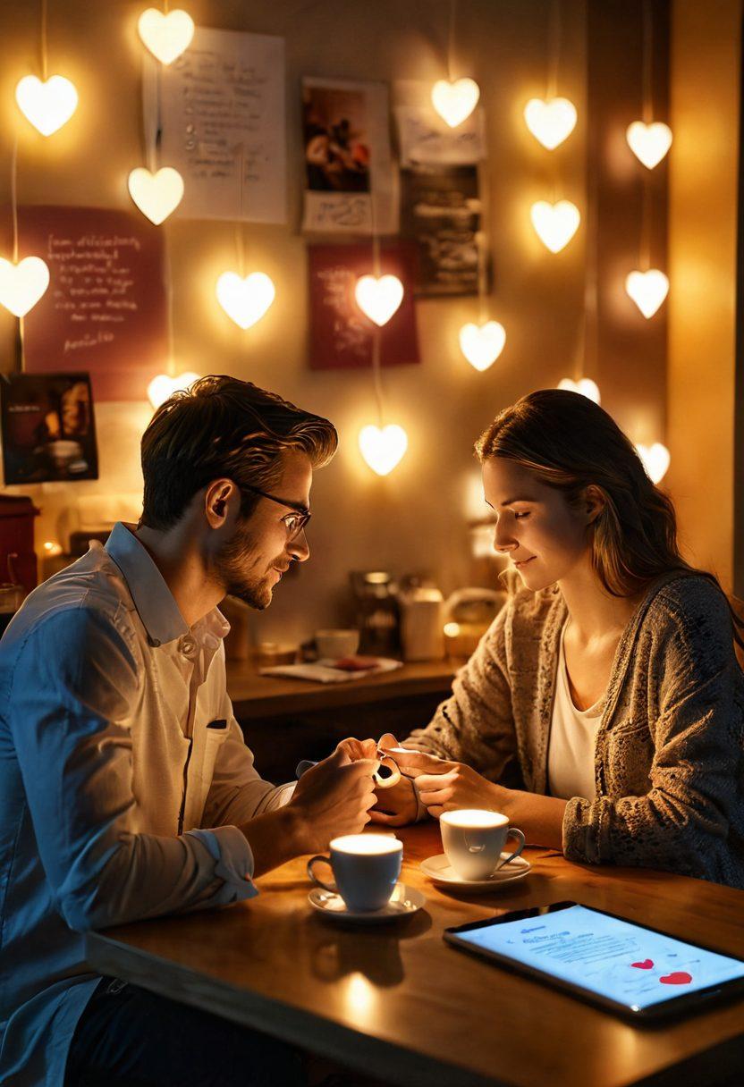 A warm, inviting scene showing a couple engrossed in a heartfelt conversation over coffee, surrounded by digital devices that showcase love notes and photos. The background features soft glows from smartphone screens, intertwined with gentle light creating an atmosphere of connection. Include elements symbolizing balance between technology and personal touch. super-realistic. vibrant colors.